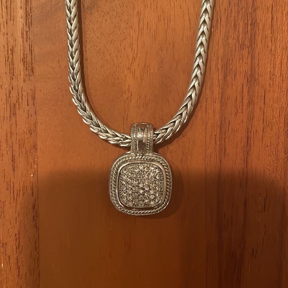 Silver and CZ diamond pendant slide necklace. Chain rope square diamond pendant.